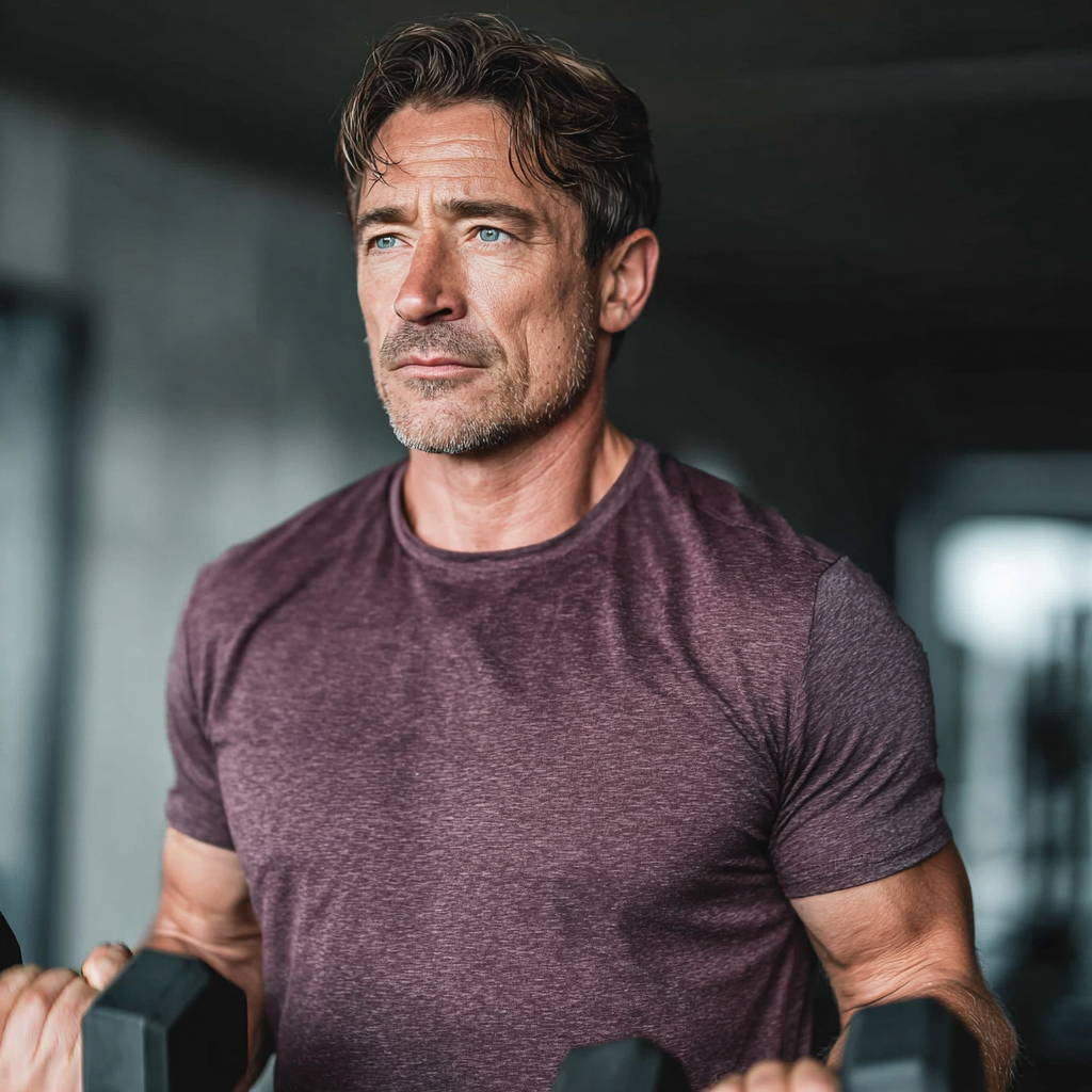 Confident man in his late 40s performing a dumbbell exercise in a modern gym, wearing athletic clothing, focused expression showing determination and strength